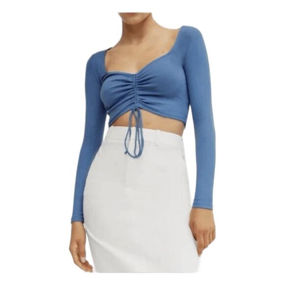 Zara Ruched Crop Top Periwinkle Blue Ribbed Knit Long Sleeve S - Picture 2 of 7
